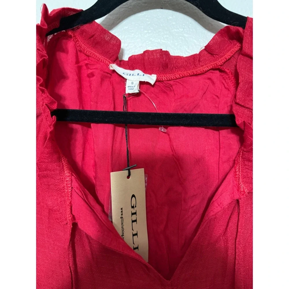 Gilli Red Ruffled Button Down Long Sleeve Mini Dress Size S - Picture 2 of 6